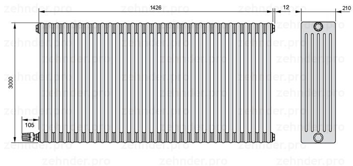 Схема (чертеж) Радиатор Zehnder Charleston 6300/31 №V003 Белый глянцевый RAL 9016
